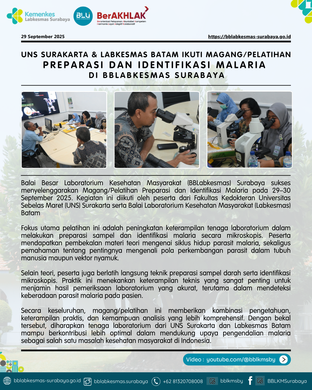 UNS Surakarta & Labkesmas Batam Ikuti Magang/Pelatihan di BBLabkesmas Surabaya